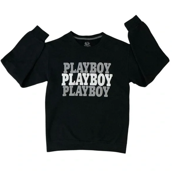 Playboy Sweatshirt Women Crew Neck Long Sleeve Black Gray White Logo Size Small - Picture 3 of 16